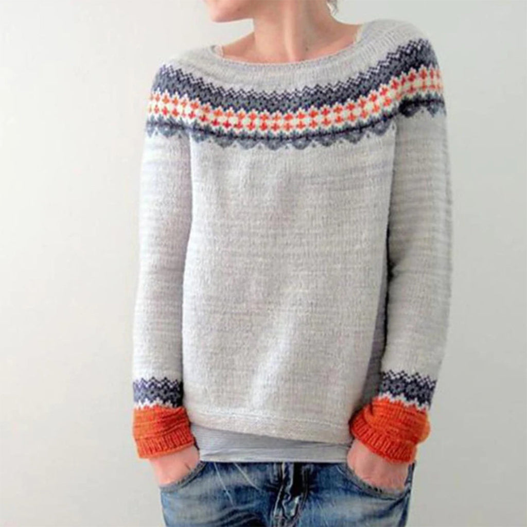 Women's knitted jumper with round neck, long sleeves and patterned horizontal stripes
