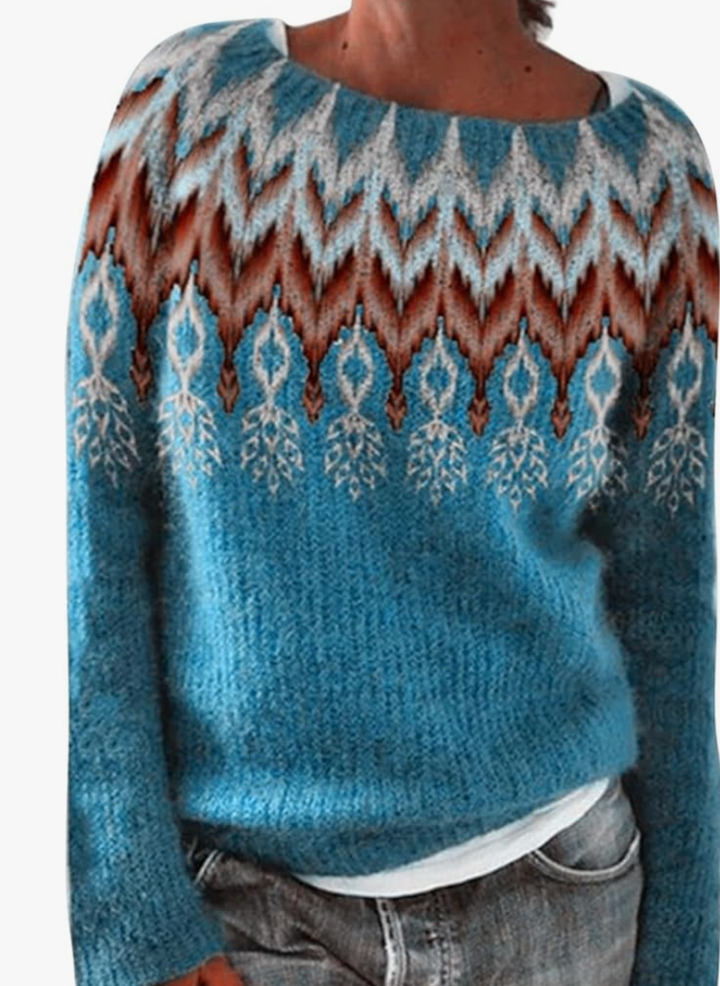 Women's knitted jumper with round neck, long sleeves and patterned horizontal stripes
