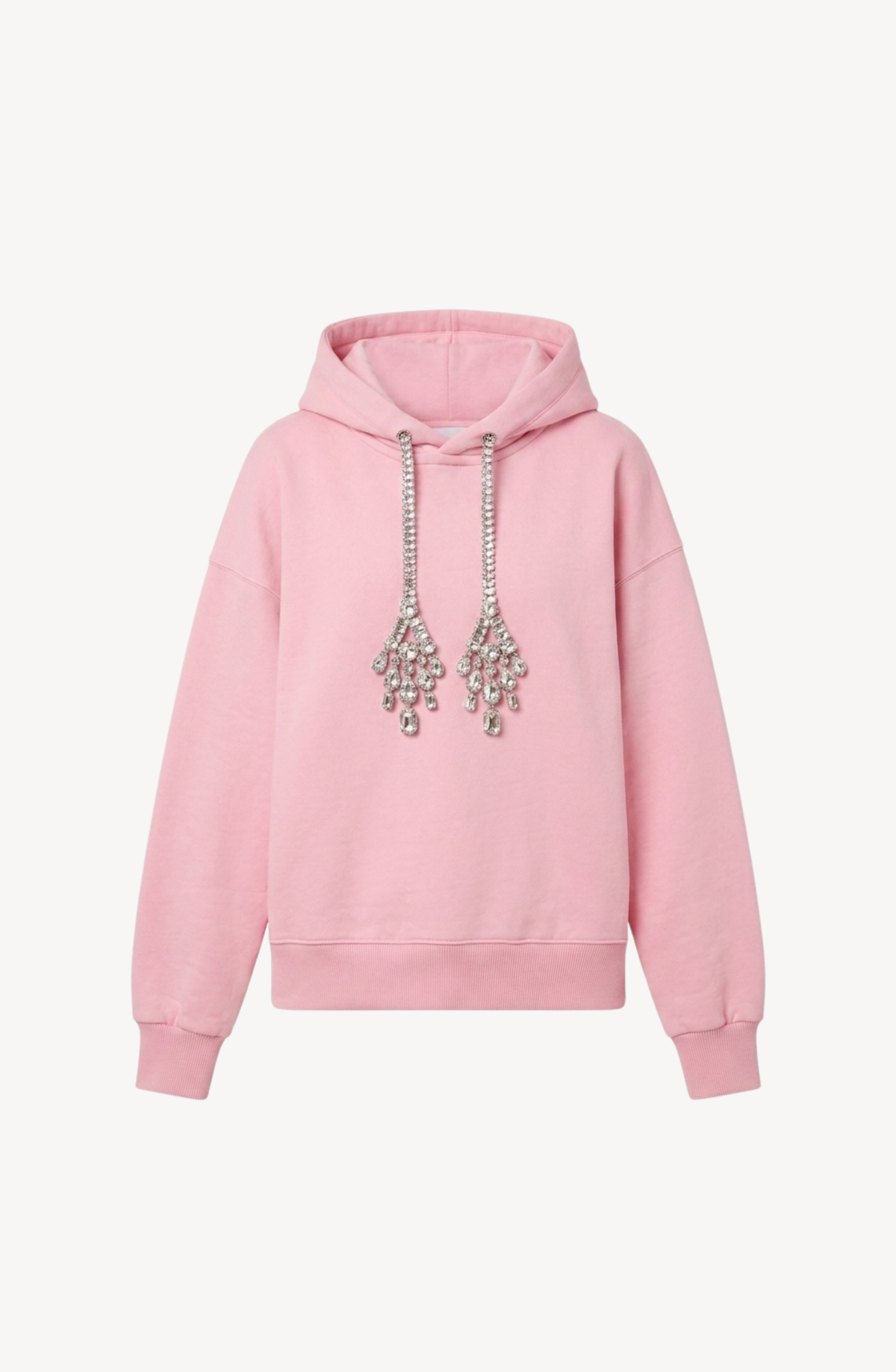Pink hoodie with crystal embellished drawstrings and long sleeves