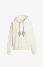 Women's cream hoodie with crystal drawstrings and long sleeves