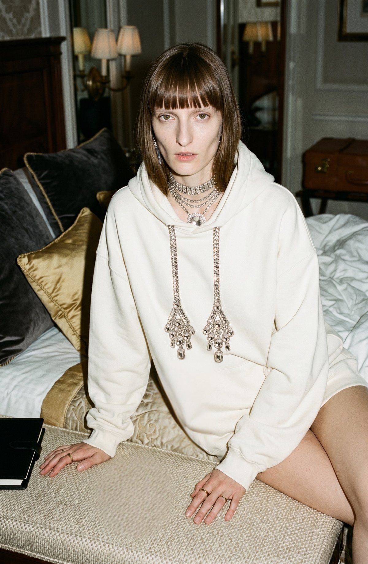 Women's cream hoodie with crystal drawstrings and long sleeves