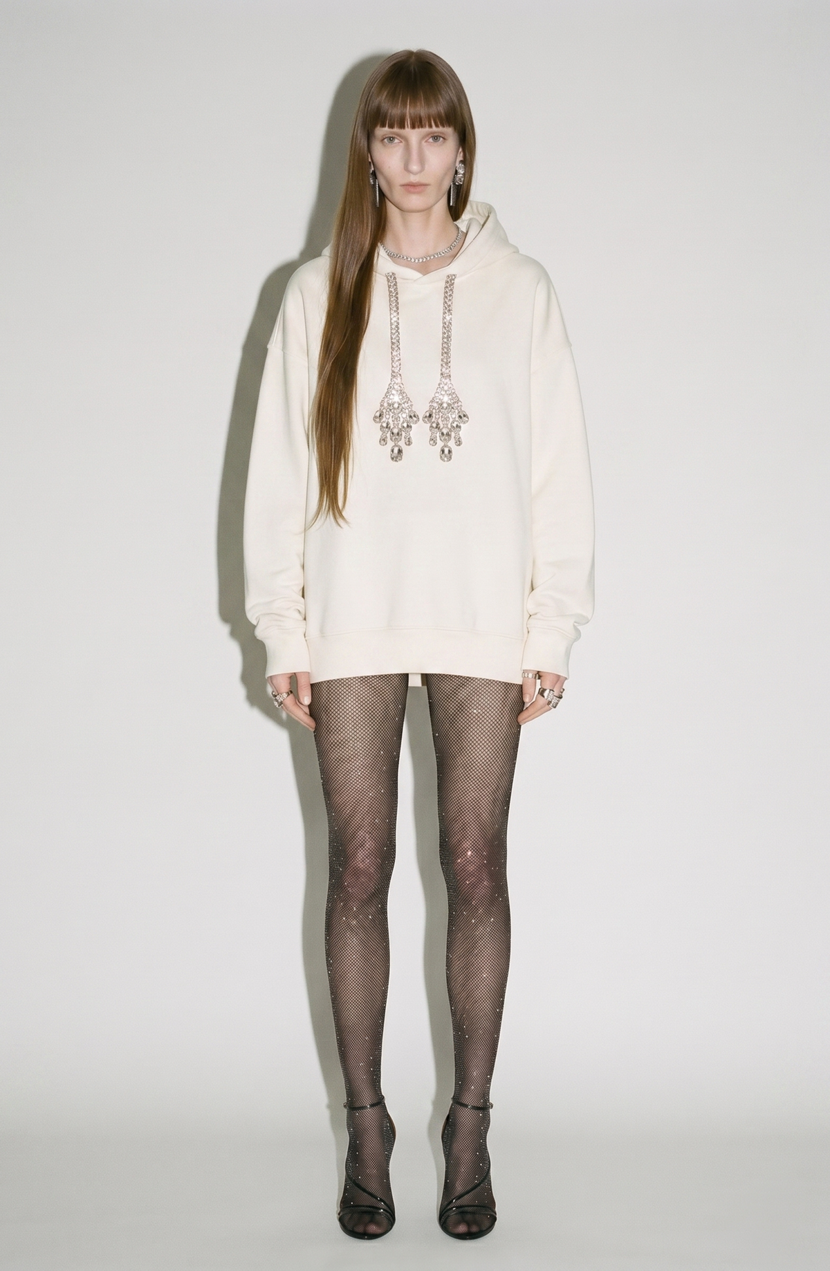 Women's cream hoodie with crystal drawstrings and long sleeves