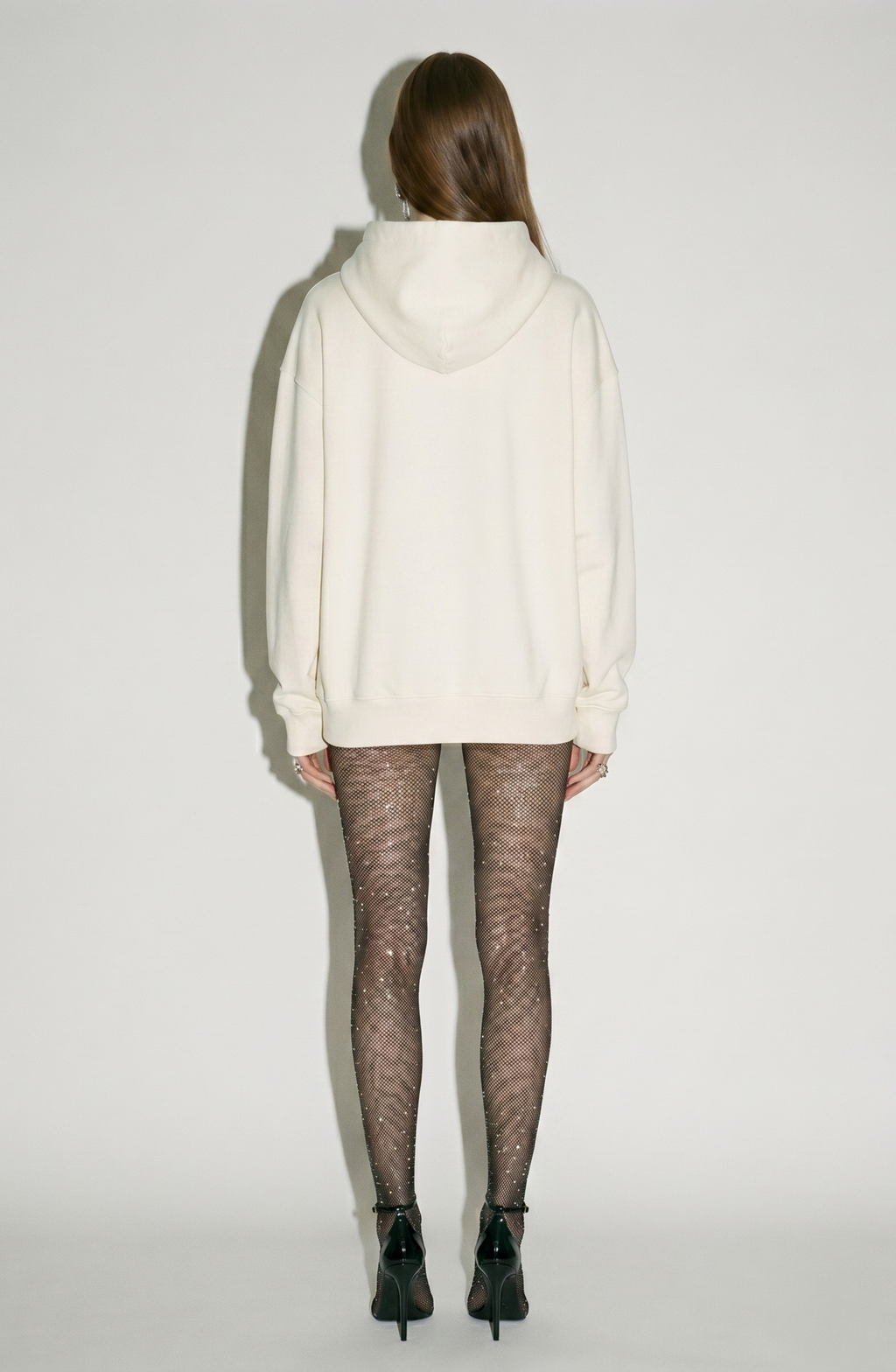 Women's cream hoodie with crystal drawstrings and long sleeves