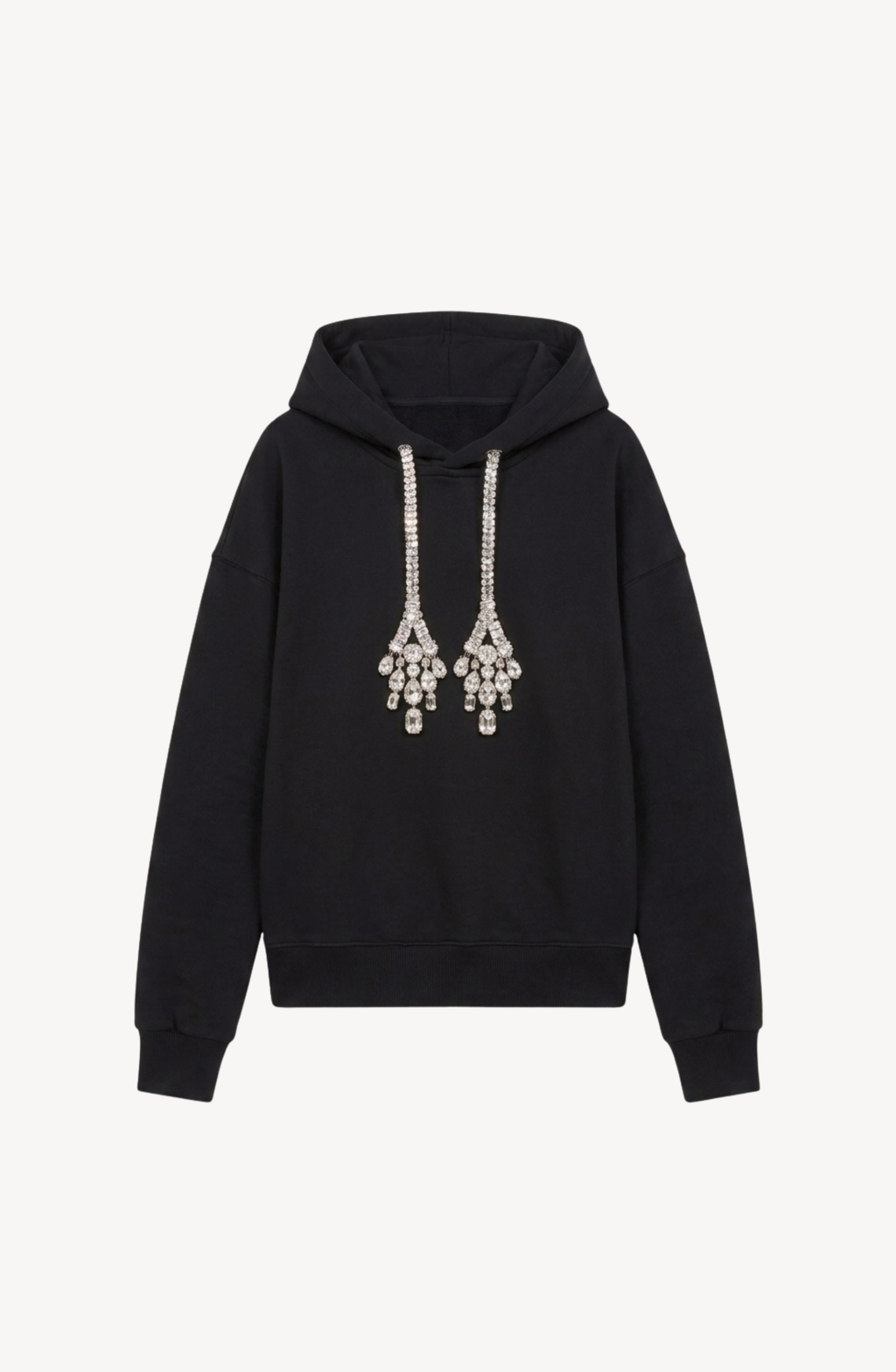 Women's black hooded sweatshirt with crystal drawstring ends and long sleeves