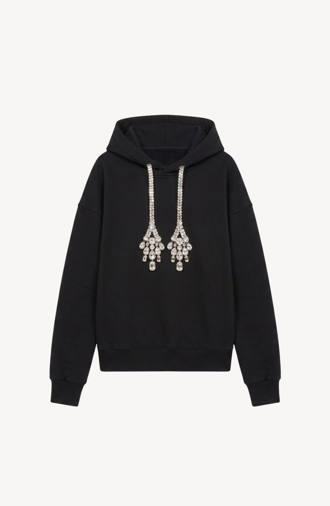 Women's black hooded sweatshirt with crystal drawstring ends and long sleeves