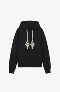 Women's black hooded sweatshirt with crystal drawstring ends and long sleeves