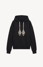 Women's black hooded sweatshirt with crystal drawstring ends and long sleeves