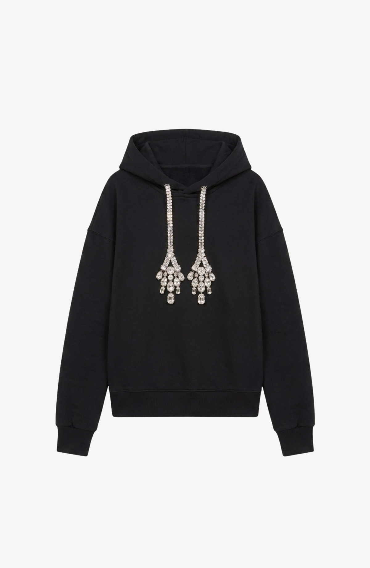 Women's black hooded sweatshirt with crystal drawstring ends and long sleeves