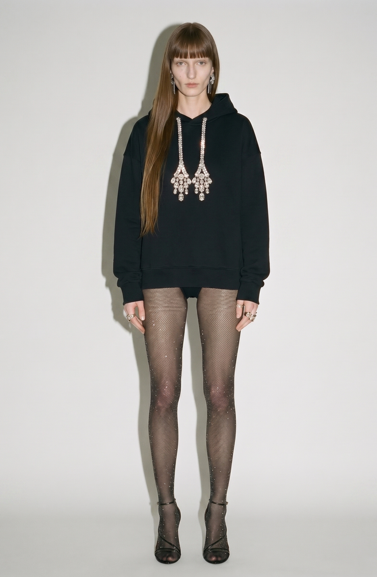 Women's black hooded sweatshirt with crystal drawstring ends and long sleeves