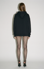 Women's black hooded sweatshirt with crystal drawstring ends and long sleeves