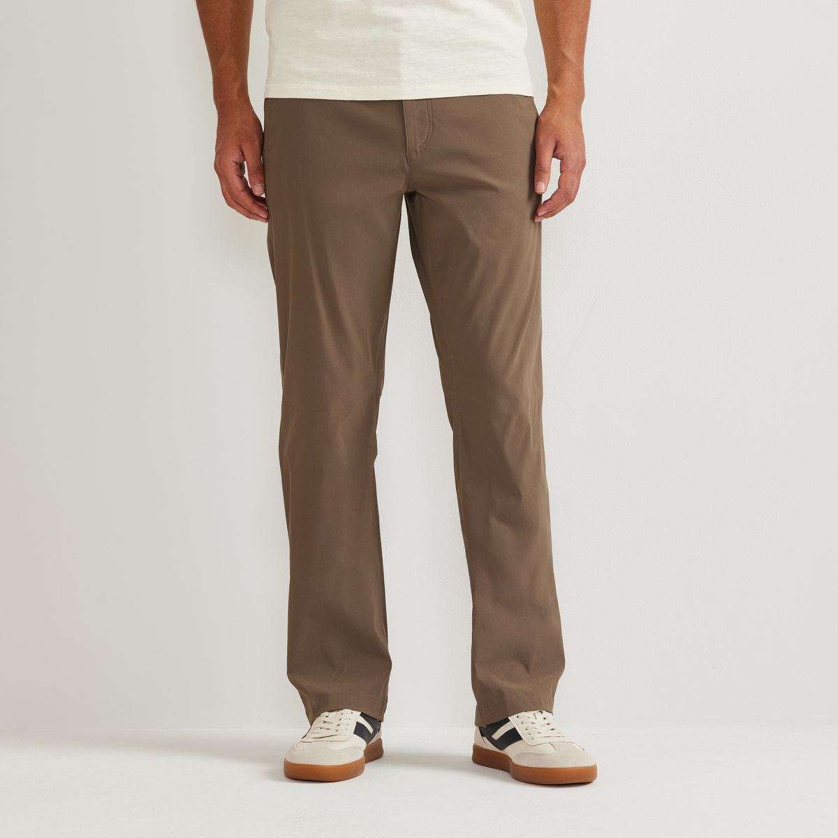 Men's straight leg chino trousers shown in multiple colours