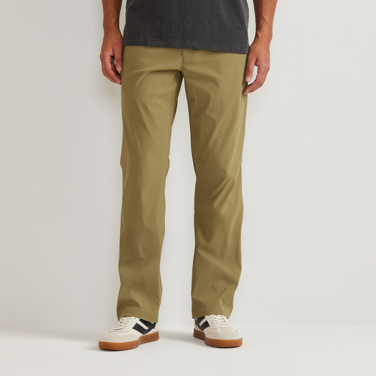 Men's straight leg chino trousers shown in multiple colours