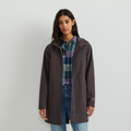 Women's hooded mid-thigh trench coat with long sleeves and zip fastening