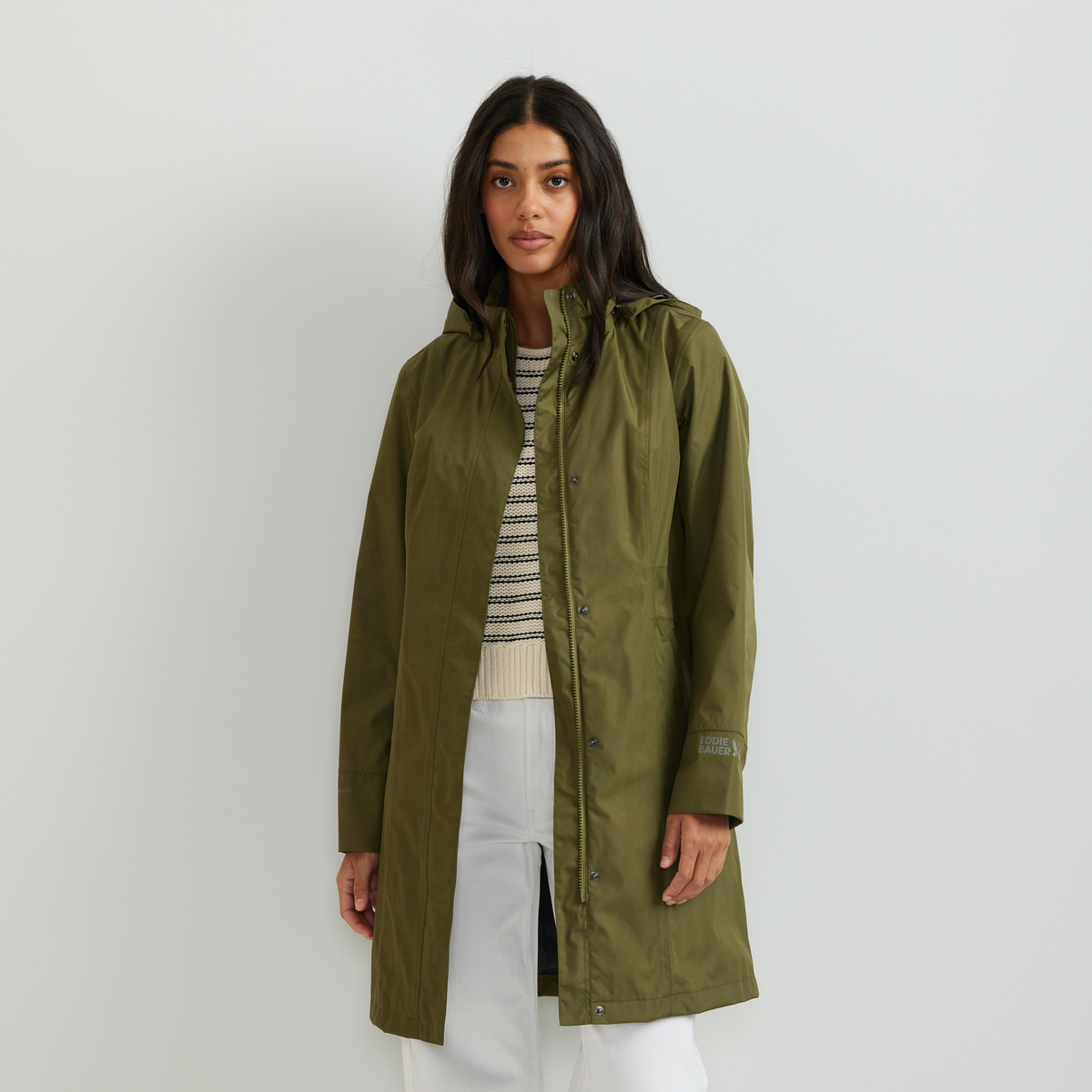 Women's hooded waterproof trench coat with long sleeves and front pockets