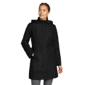 Women's black hooded trench coat with long sleeves and zipped pockets