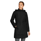 Women's black hooded trench coat with long sleeves and zipped pockets
