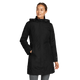 Women's black hooded trench coat with long sleeves and zipped pockets