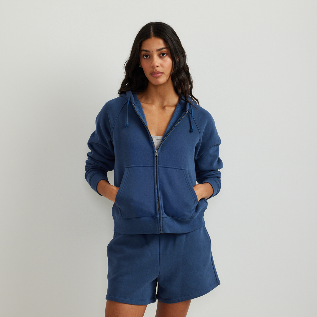 Women's full-zip hoodie with drawstring hood and front pouch pockets