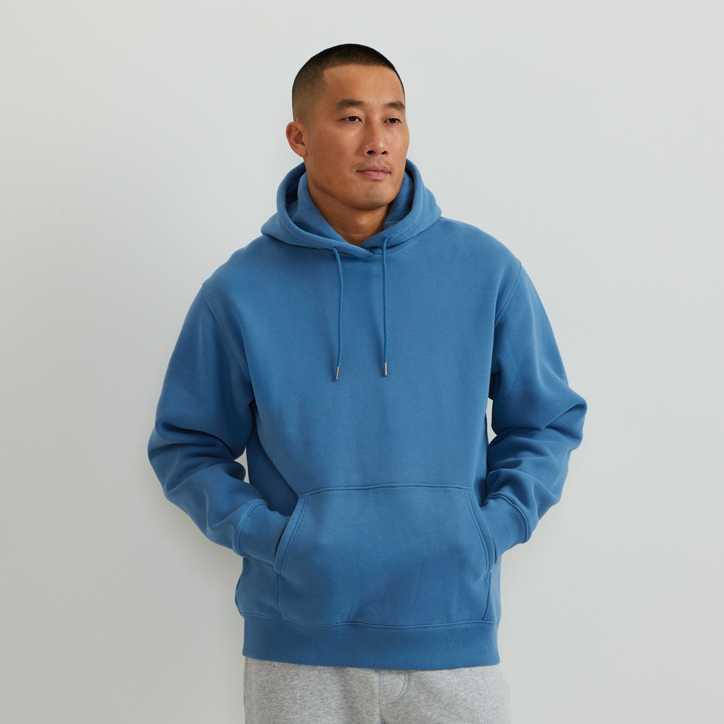 Men's plain pullover hoodie with drawstring hood and front kangaroo pocket