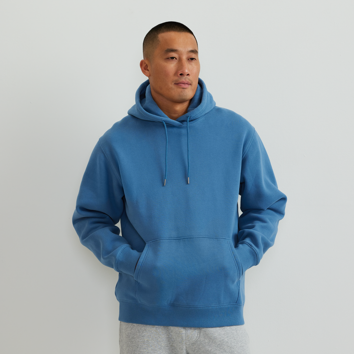 Men's plain pullover hoodie with drawstring hood and front kangaroo pocket
