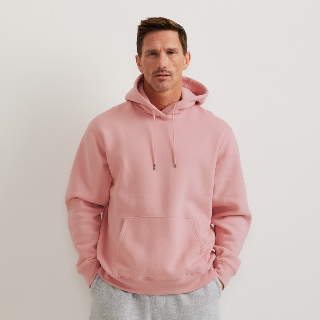 Men's plain pullover hoodie with drawstring hood and front kangaroo pocket