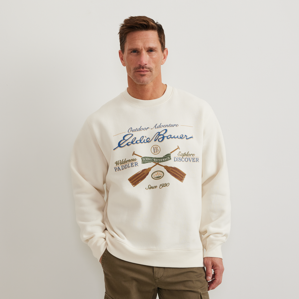 Men's crew-neck sweatshirt with paddles and text graphic