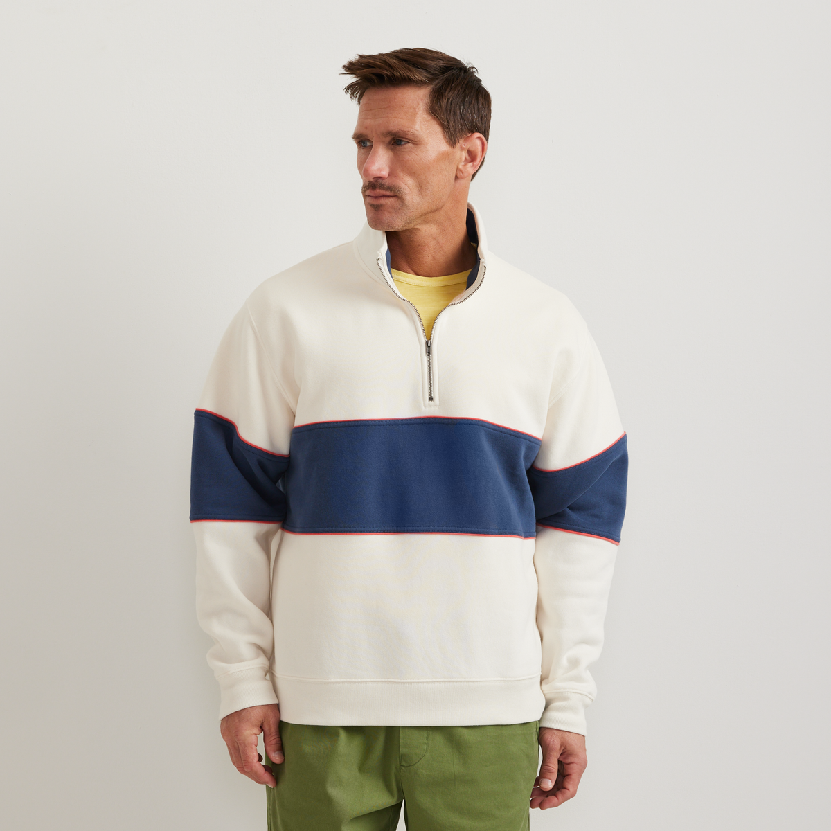 Men's striped colour-block quarter-zip sweatshirt with mock neck and long sleeves