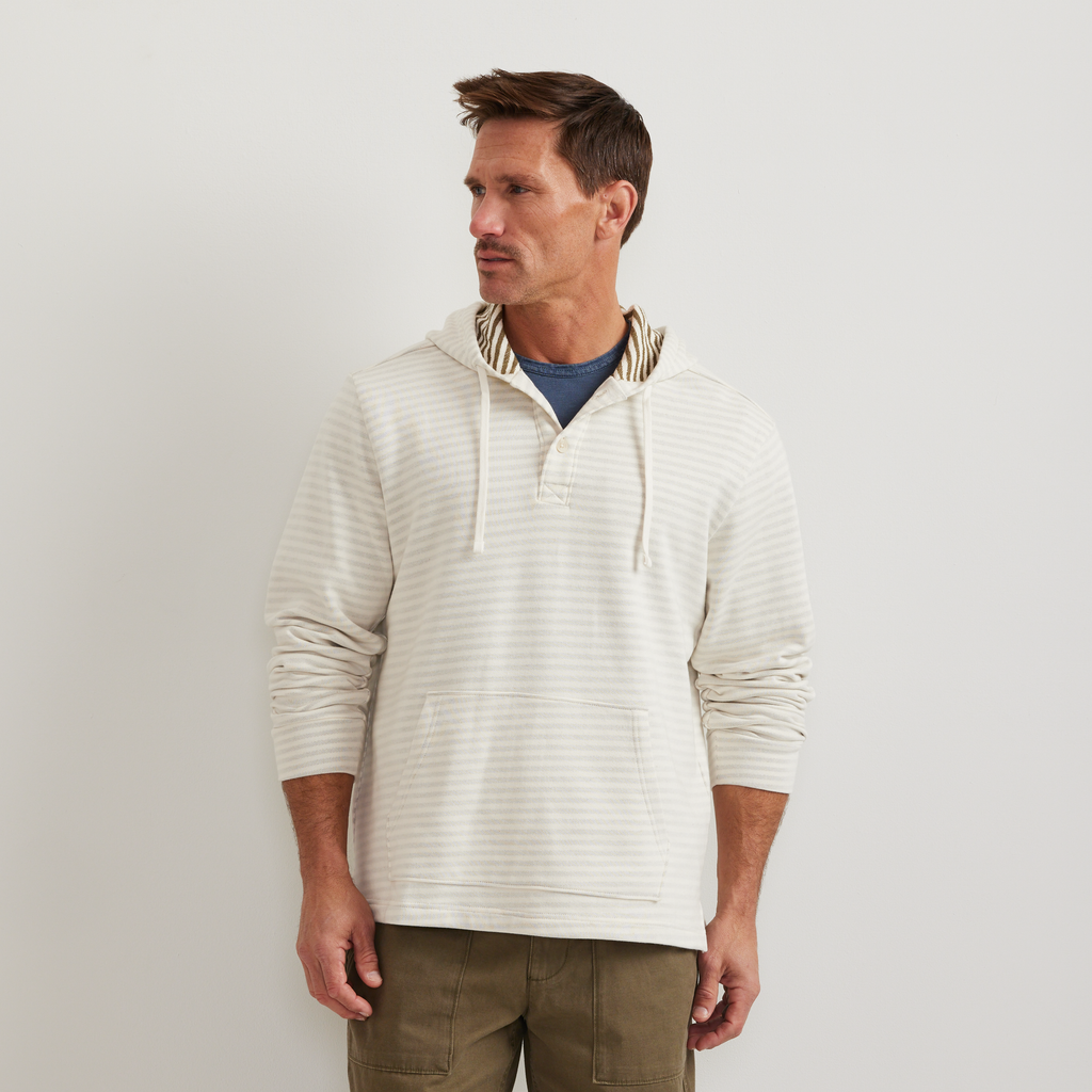 Men's striped Henley hoodie with button placket and kangaroo pocket
