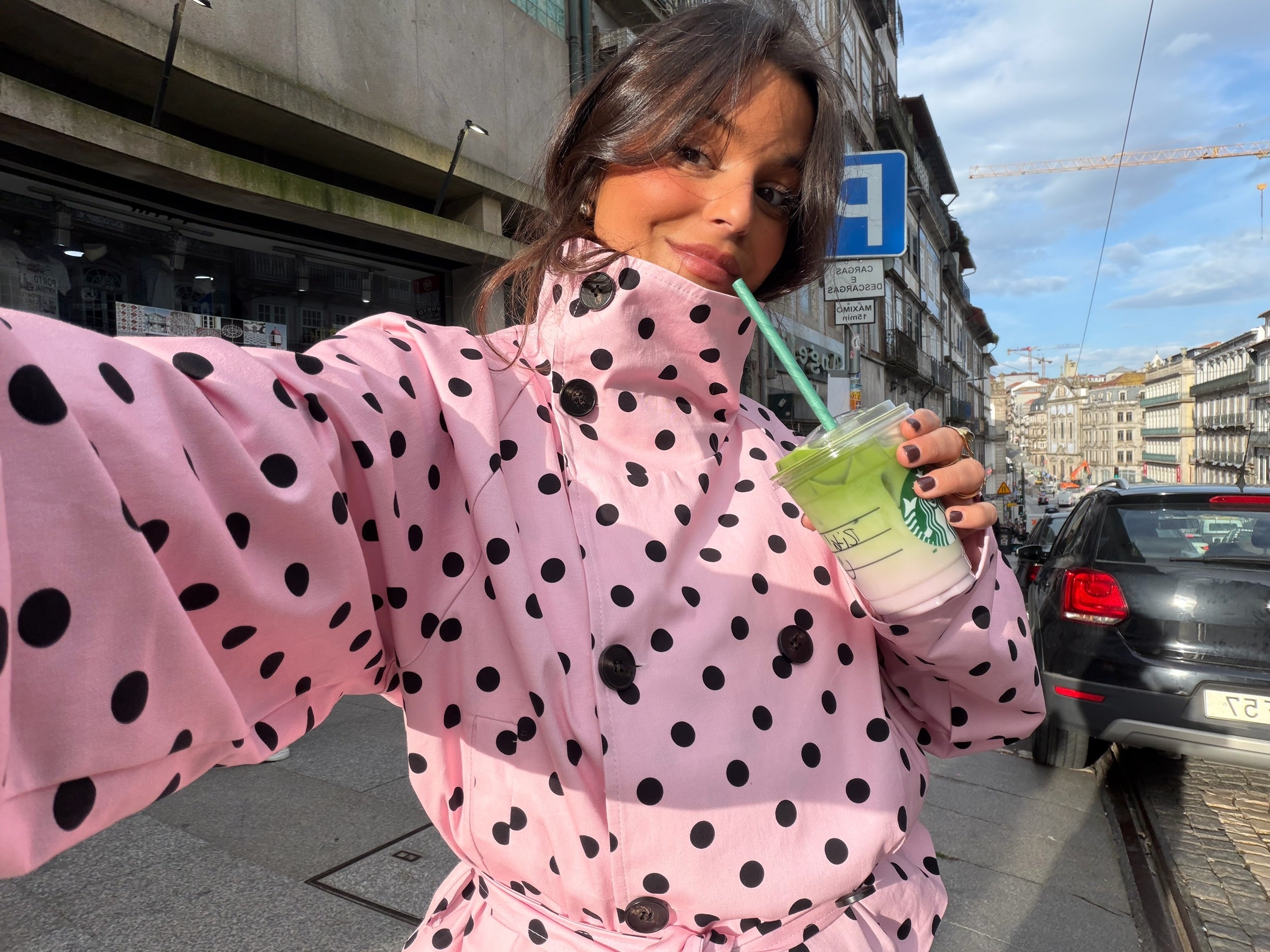 Women's pink cropped polka dot trench coat with high collar and waist tie