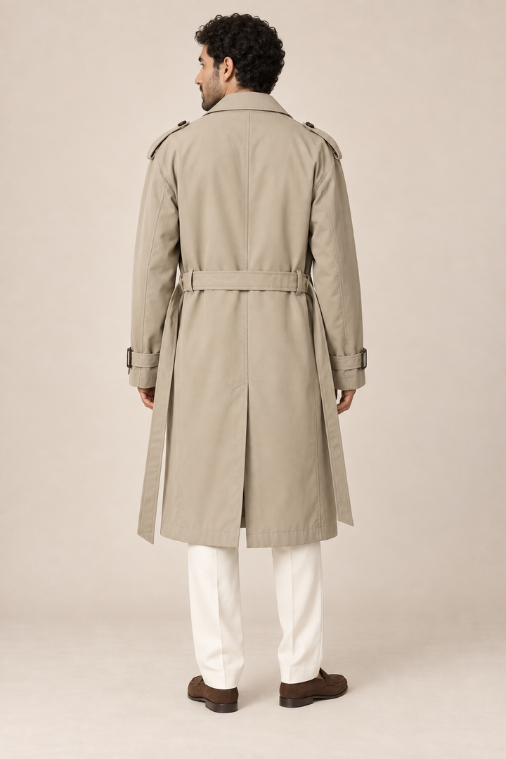 Men's double-breasted trench coat with a waist belt and epaulettes