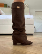 Women's brown slouch knee-high boots with pointed toes