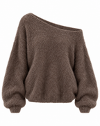 Women's brown off-shoulder jumper with long balloon sleeves