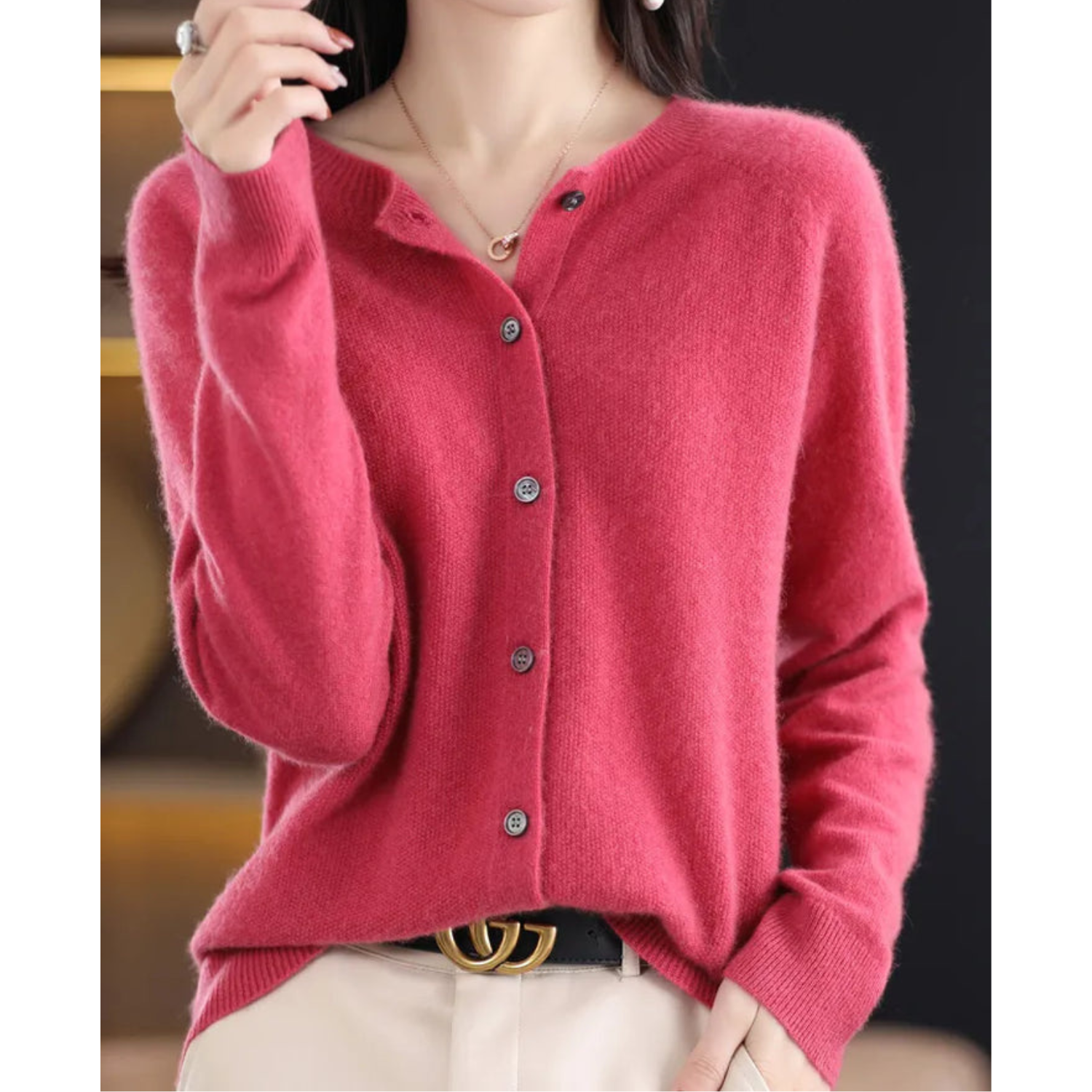 Women's knitted button front cardigan with crew neckline