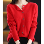 Women's knitted button front cardigan with crew neckline
