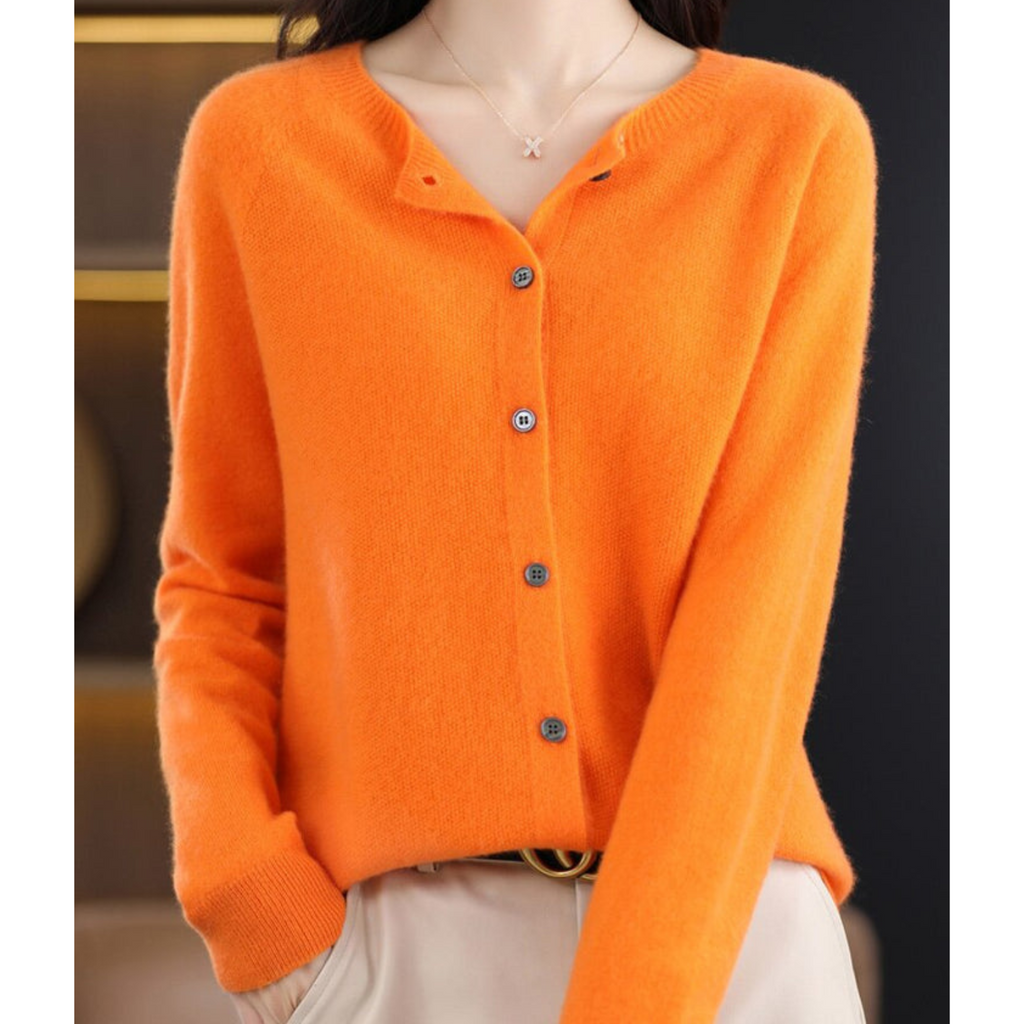 Women's knitted button front cardigan with crew neckline
