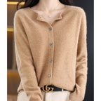 Women's knitted button front cardigan with crew neckline