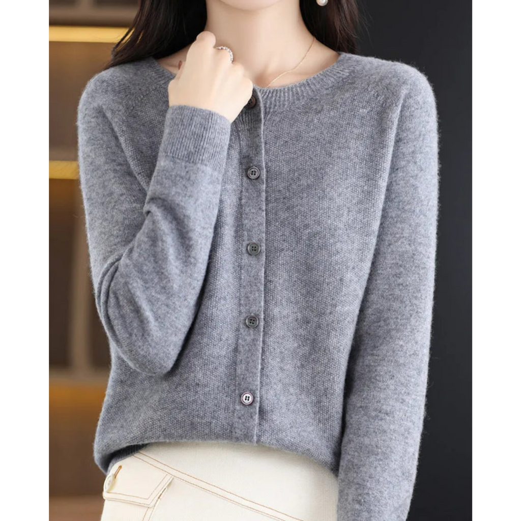 Women's knitted button front cardigan with crew neckline