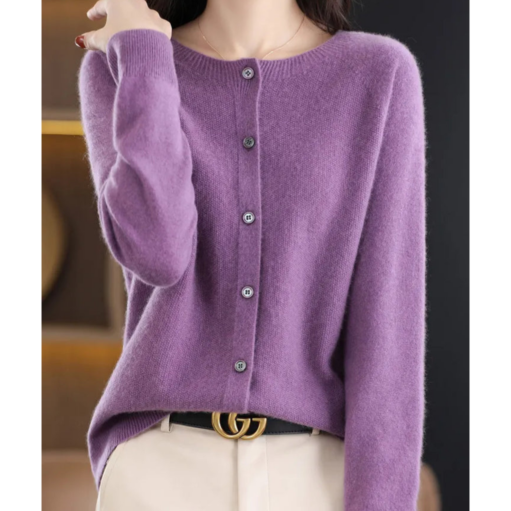 Women's knitted button front cardigan with crew neckline