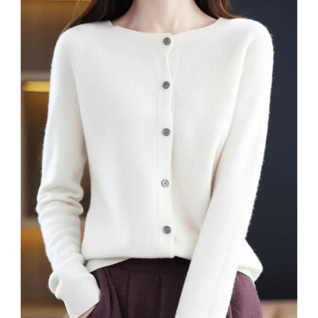 Women's knitted button front cardigan with crew neckline