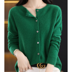 Women's knitted button front cardigan with crew neckline