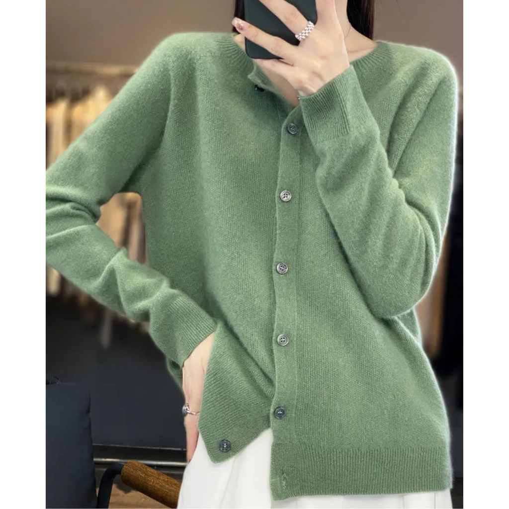 Women's knitted button front cardigan with crew neckline
