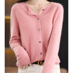 Women's knitted button front cardigan with crew neckline