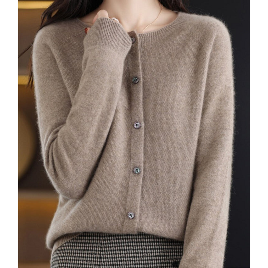 Women's knitted button front cardigan with crew neckline