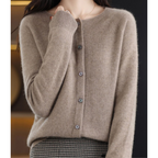 Women's knitted button front cardigan with crew neckline