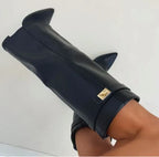 Women's tall pointed-toe heeled boots with buckle detail