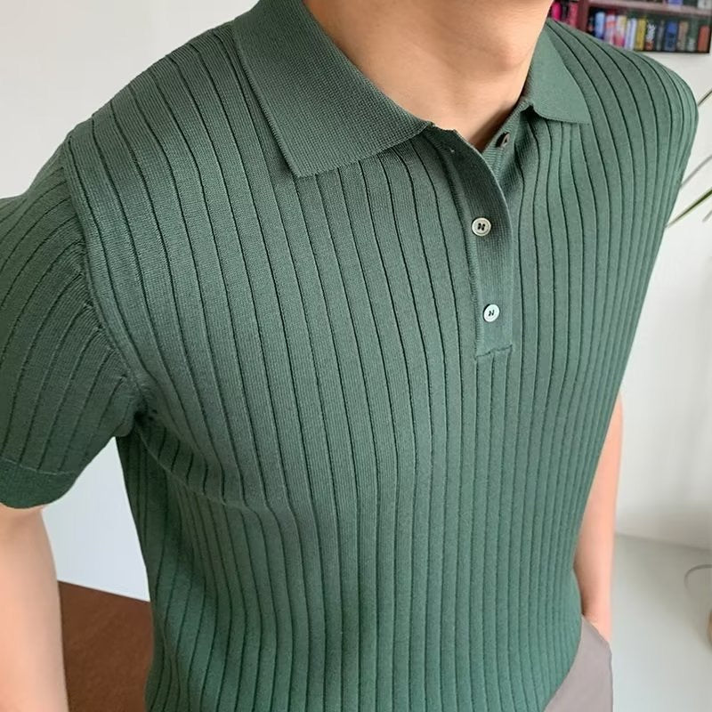 Men's ribbed knit polo shirt with short sleeves and button placket