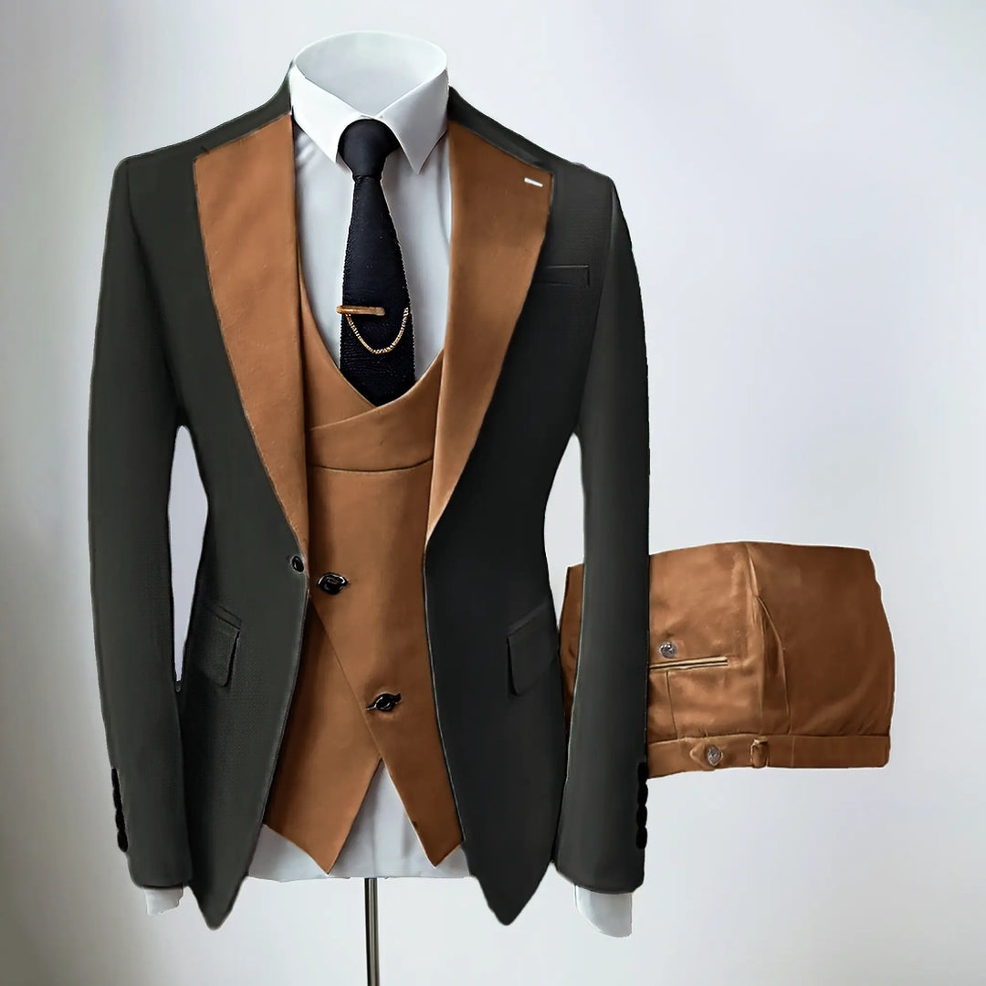 Men's slim fit three-piece suit with contrasting notch lapels and button-front waistcoat