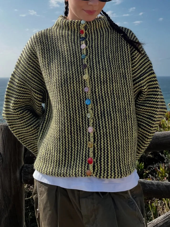 Women's patterned knit cardigan with mock neck and multicolor buttons
