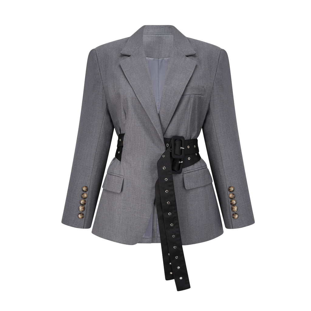 Women's structured belted waist blazer with notched lapels and long sleeves