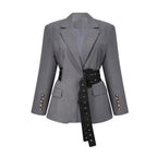 Women's structured belted waist blazer with notched lapels and long sleeves
